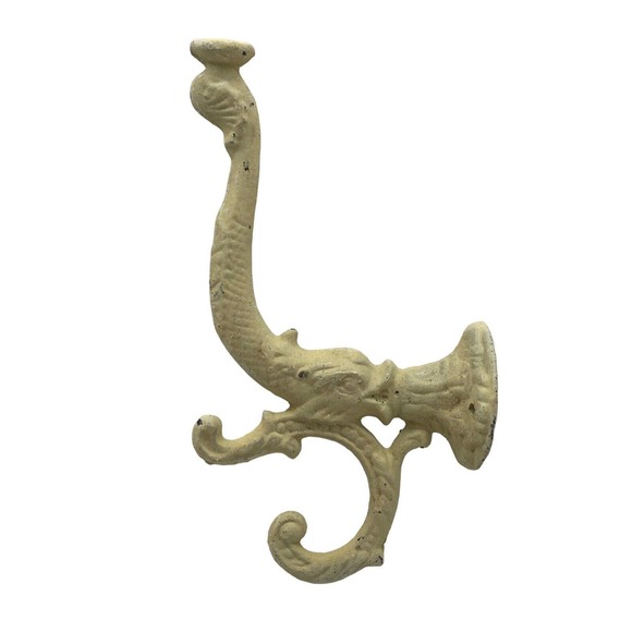 Vintage Ornate Wall 3 Hook Towel Robe Coat Hat Rack Whitewashed Cast Metal - Picture 7 of 10